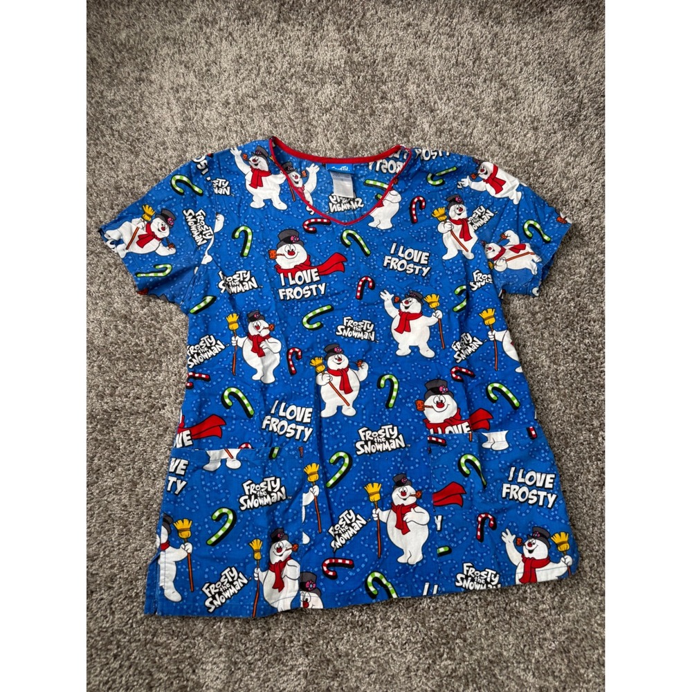 Frosty the Snowman Women's Scrub Top Medium Blue Christmas Holiday Retro